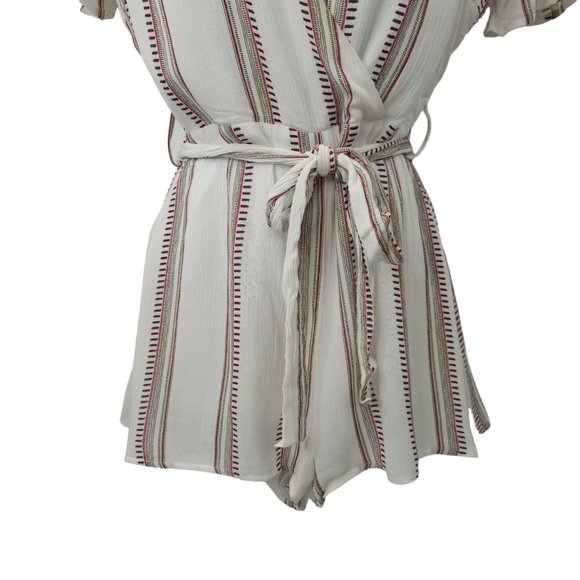 Sadie And Sage Striped Romper Size S Tie Belt Back Zip Lined Deep V Neck - Picture 14 of 16